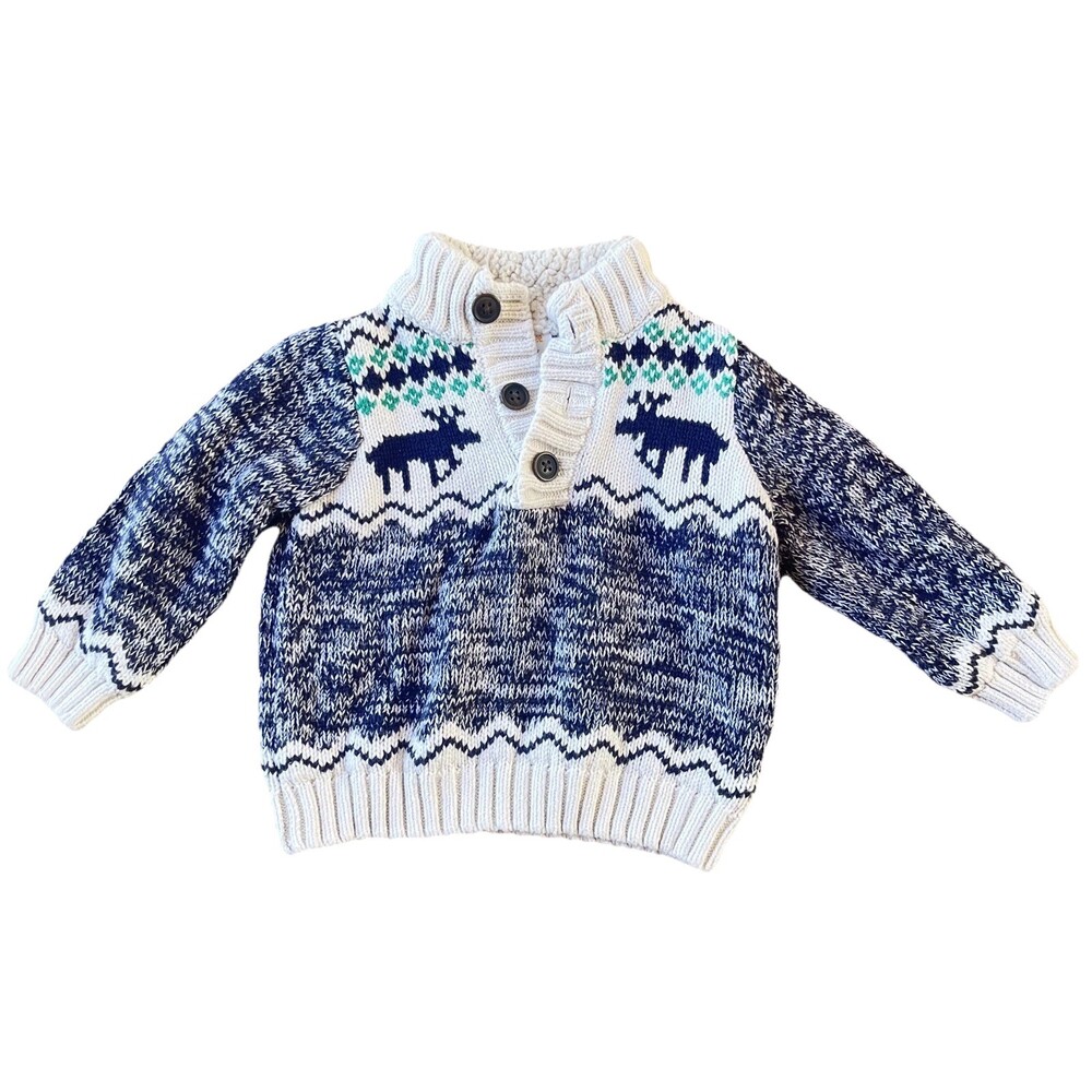 Gymboree Baby 6-12M Fair Isle Reindeer Sweater Grandpa Core Preppy Holiday Blue